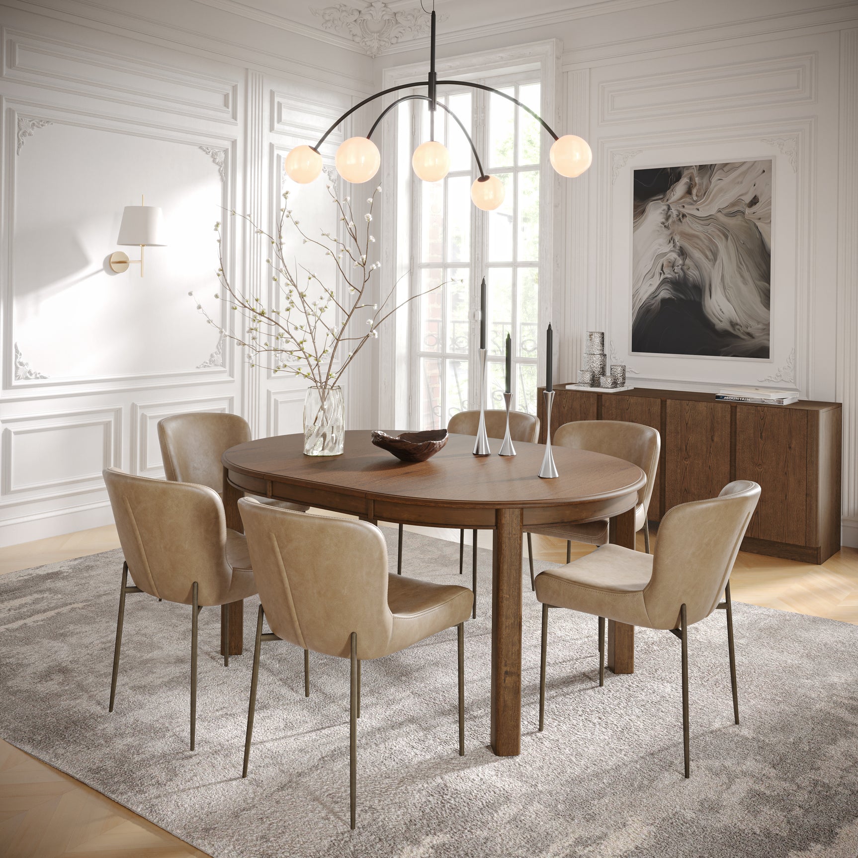 Carsons Oak Buff 65 Round to Oval Ext Dining Table with 6 Easley Chair - Ornate Home