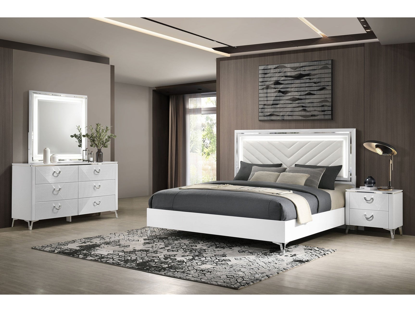 Cassia White High Gloss 4-piece Queen LED Bedroom Set - Ornate Home