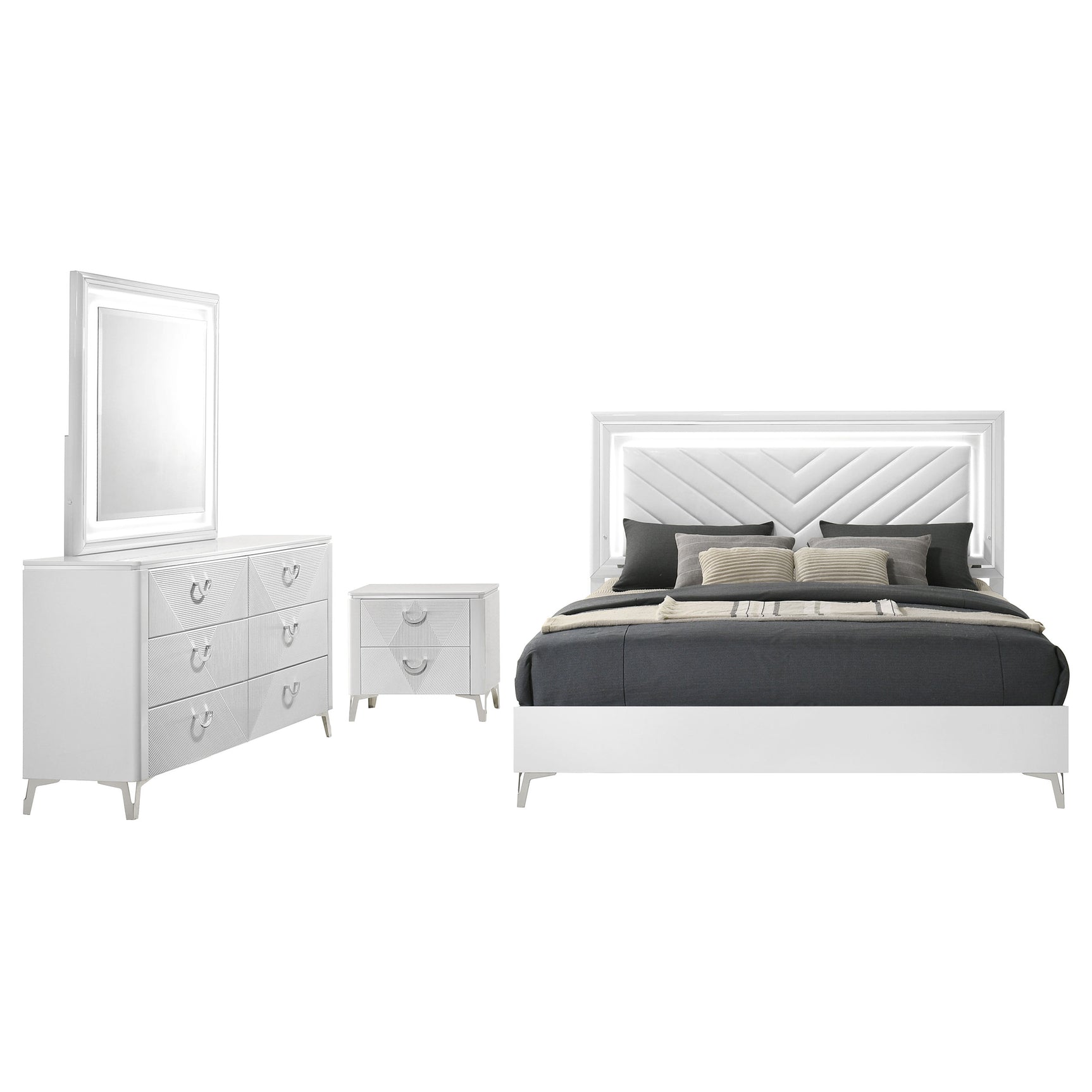 Cassia White High Gloss 4-piece Queen LED Bedroom Set - Ornate Home