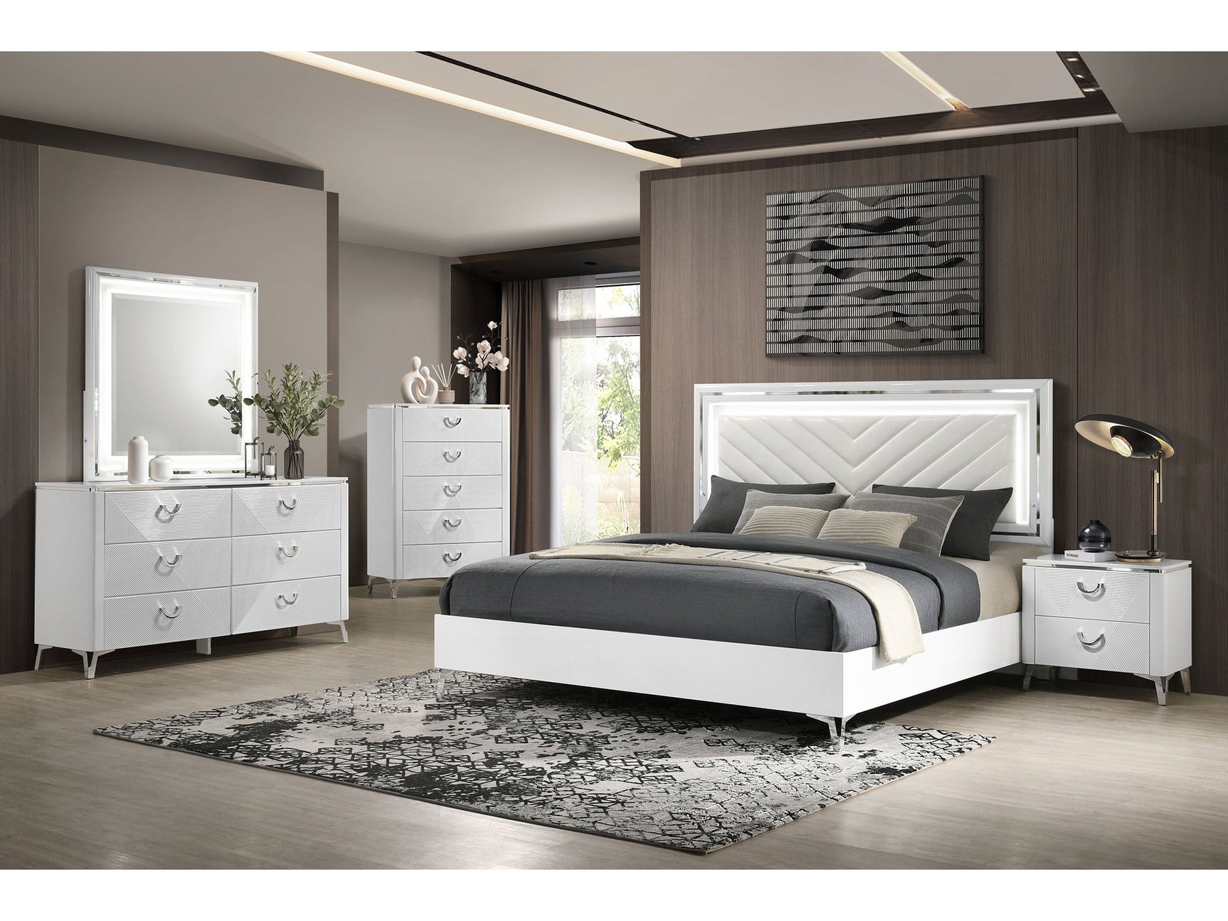 Cassia White High Gloss 5-piece Eastern King LED Bedroom Set - Ornate Home