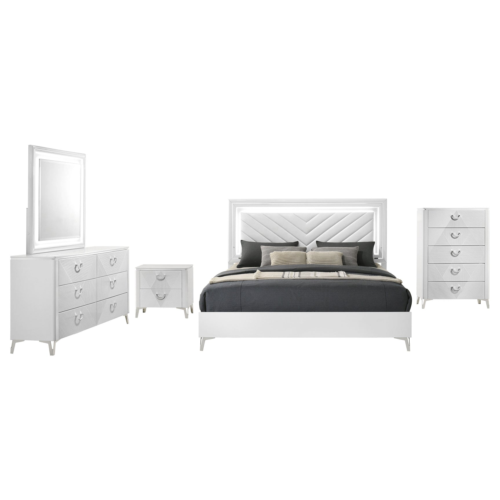 Cassia White High Gloss 5-piece Queen LED Bedroom Set - Ornate Home