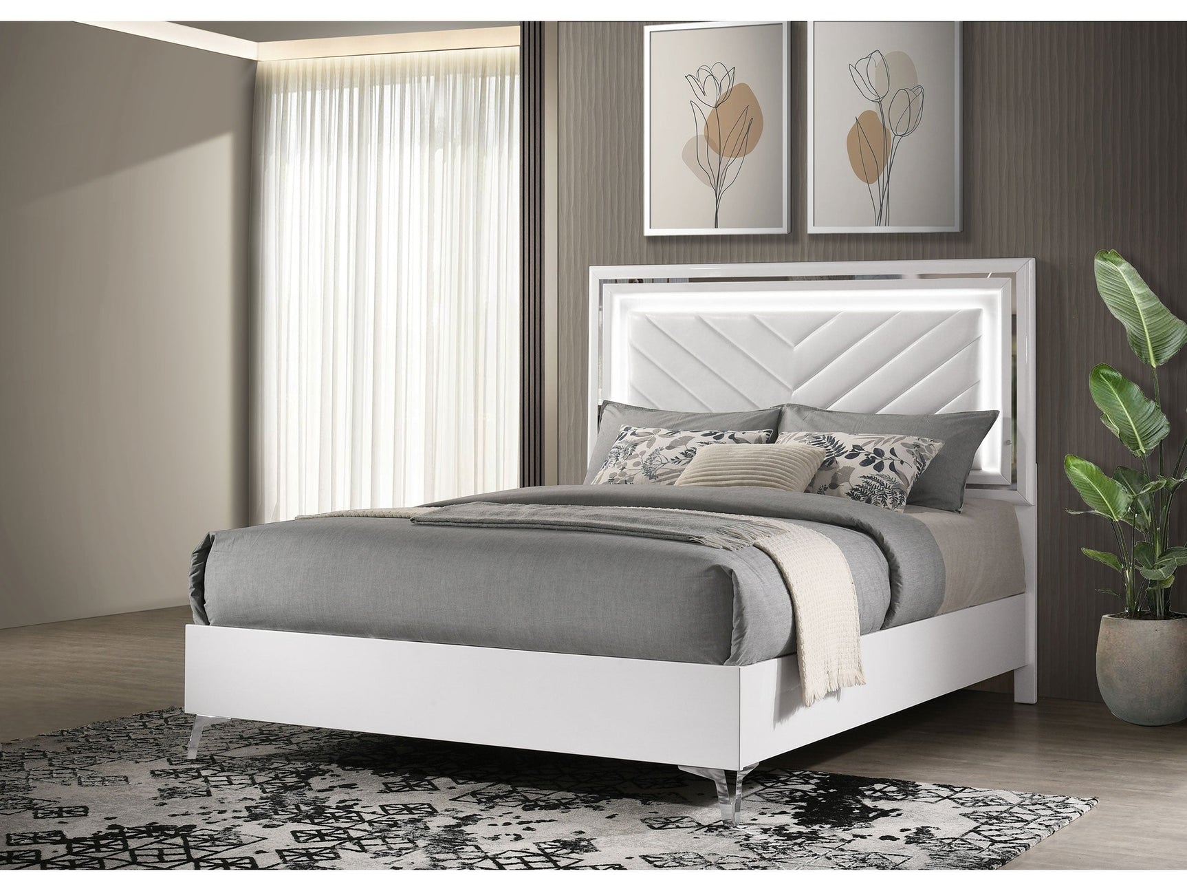 Cassia White High Gloss Queen LED Panel Bed - Ornate Home