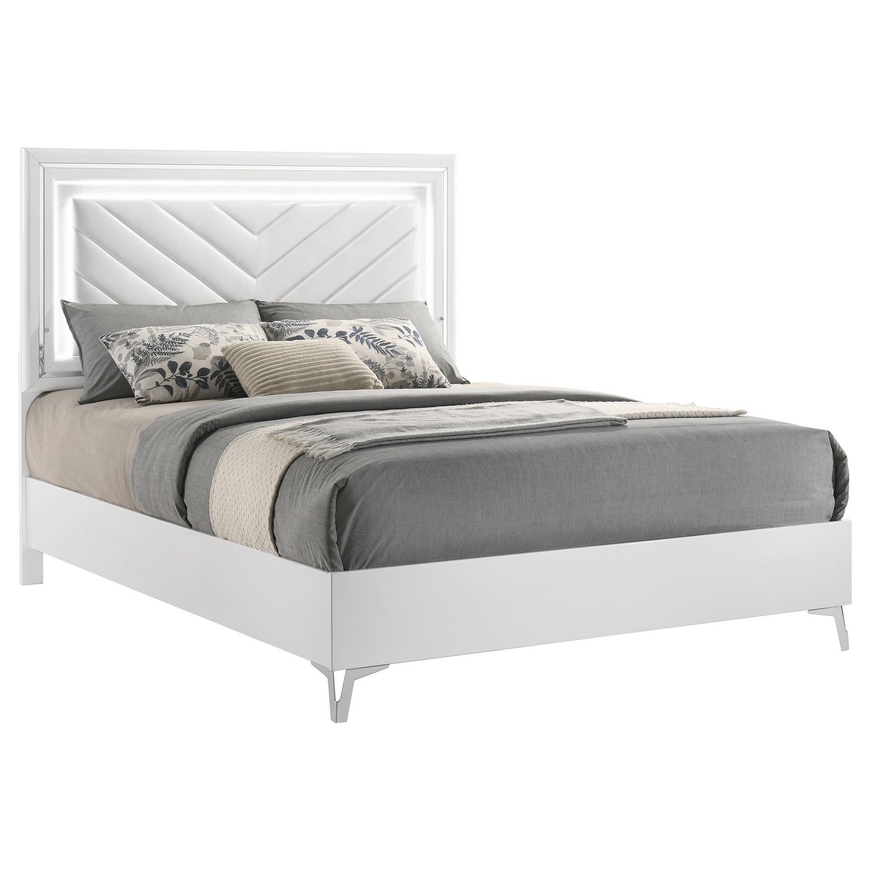 Cassia White High Gloss Queen LED Panel Bed - Ornate Home
