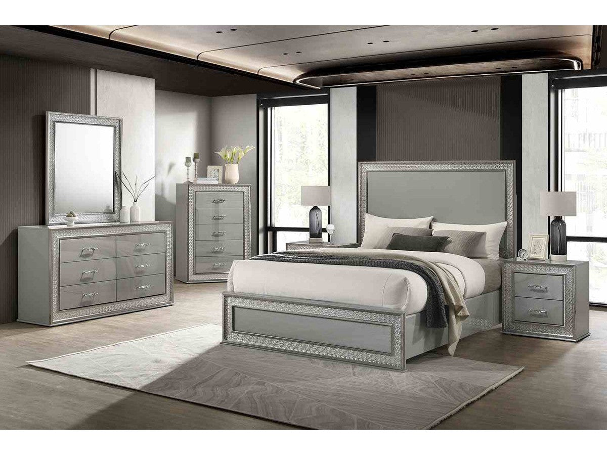 Cassiopeia Metallic Gray 5 Pc. Queen Bedroom Set w/ 2NS - Ornate Home