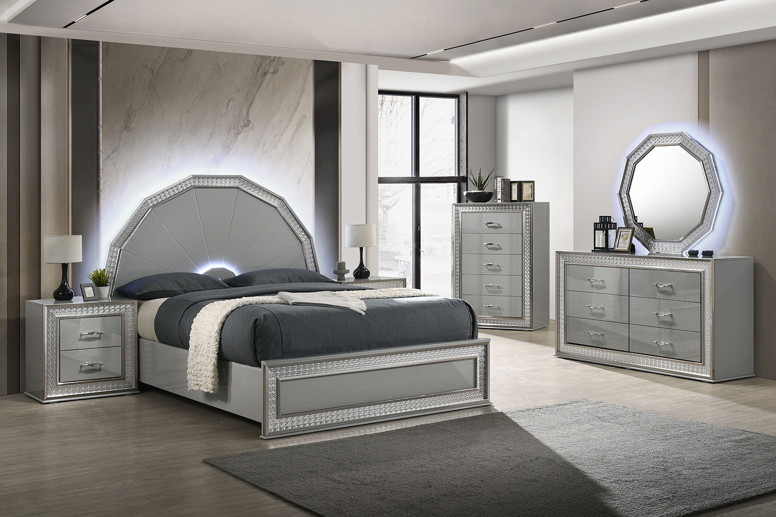 Cassiopeia Metallic Gray Eastern King Bed - Ornate Home