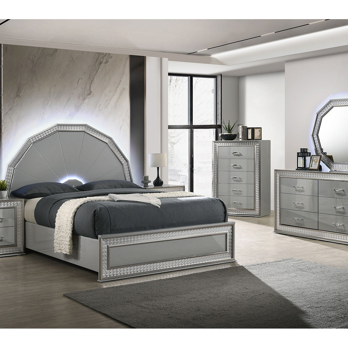 Furniture of America Cassiopeia Metallic Gray Queen 5 Piece Bedroom Set ...