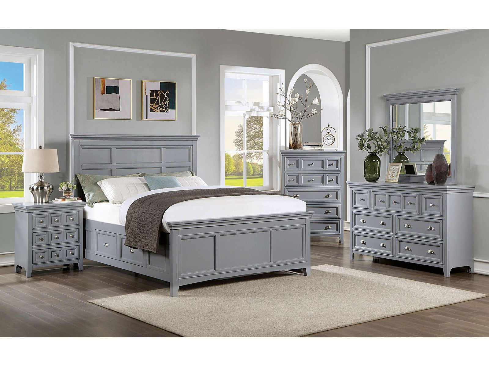 Castlile Gray 5 Pc. Queen Bedroom Set w/ Chest - Ornate Home