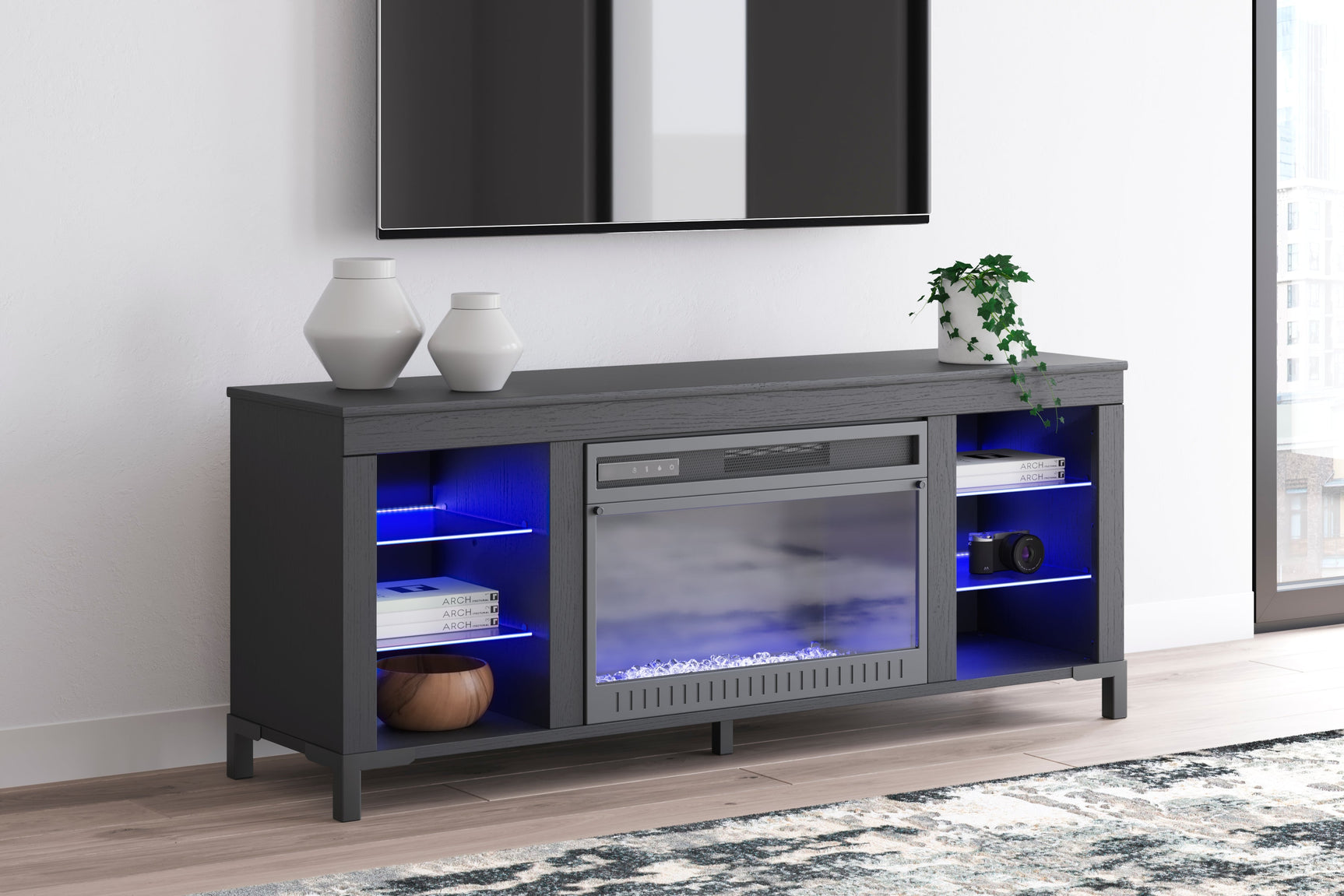 Cayberry Black 60" TV Stand with Electric Fireplace - Ornate Home