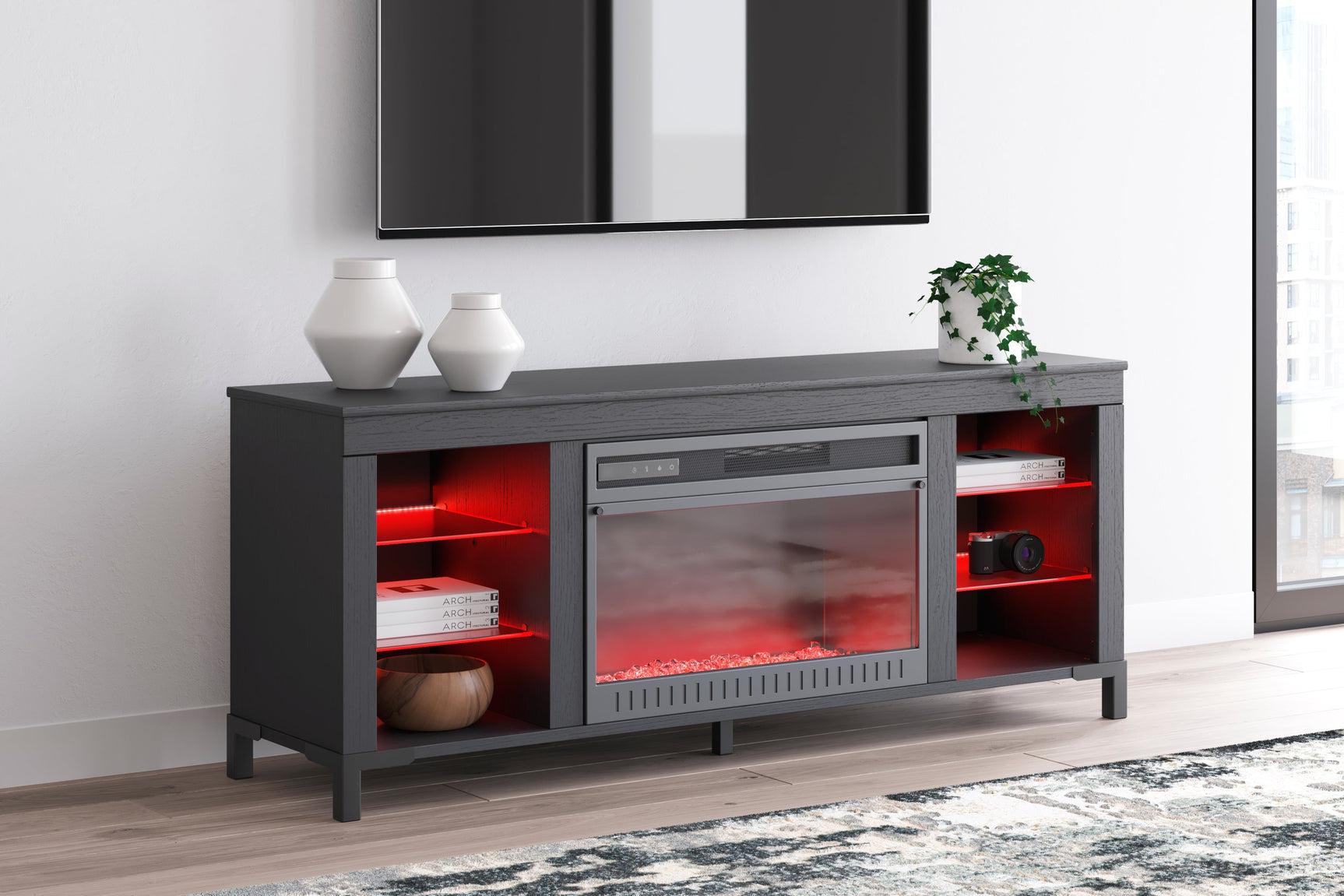 Cayberry Black 60" TV Stand with Electric Fireplace - Ornate Home