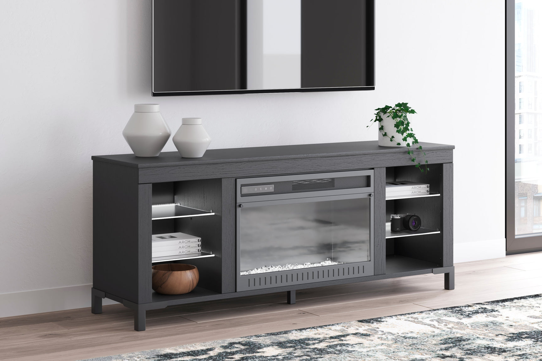 Cayberry Black 60" TV Stand with Electric Fireplace - Ornate Home