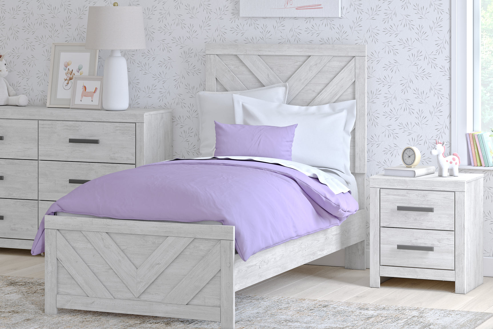 Cayboni Whitewash Twin Panel Bedroom Set with Dresser and Nightstand - Ornate Home