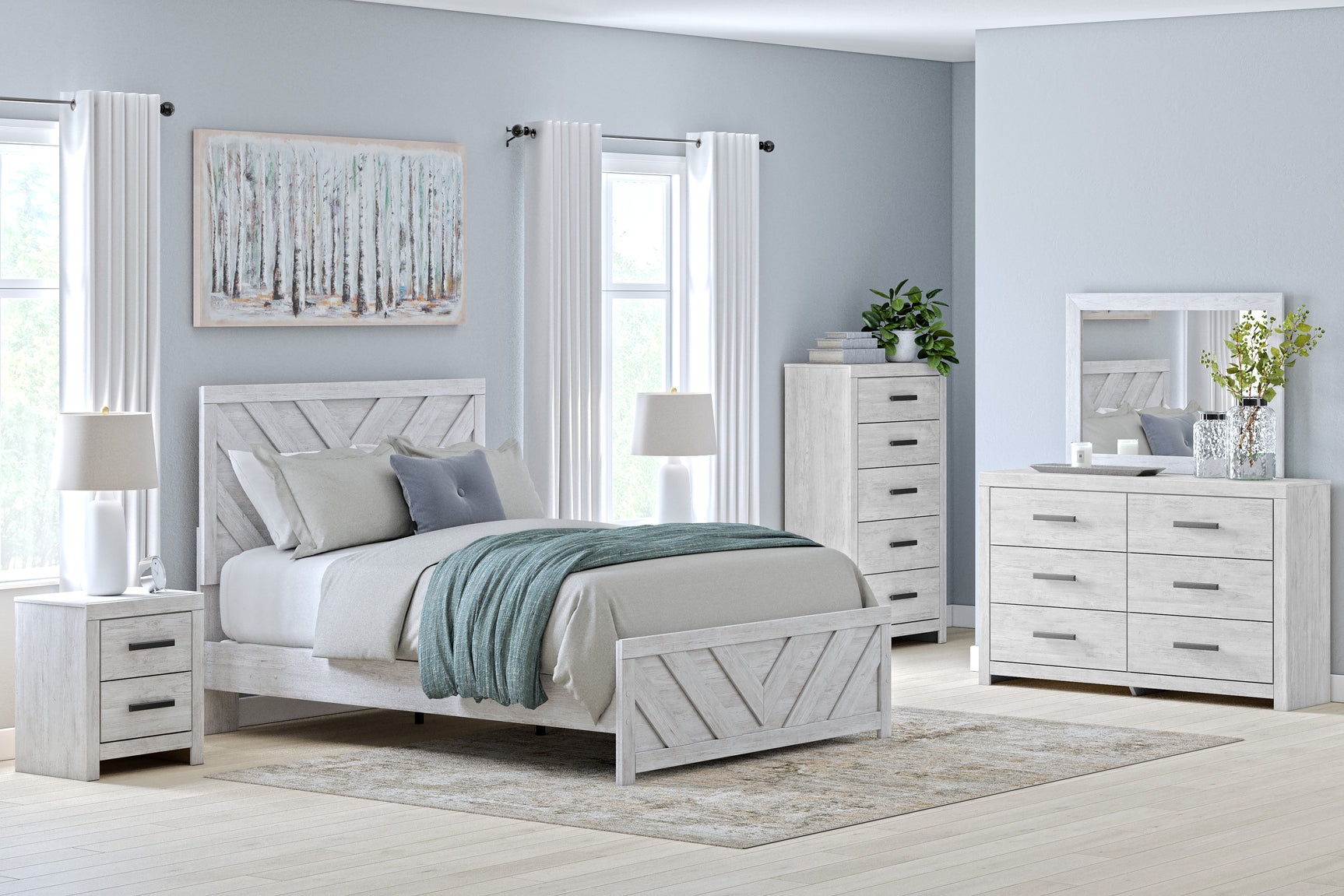 Cayboni Whitewash Twin Panel Bedroom Set with Dresser, Mirror and Nightstand - Ornate Home
