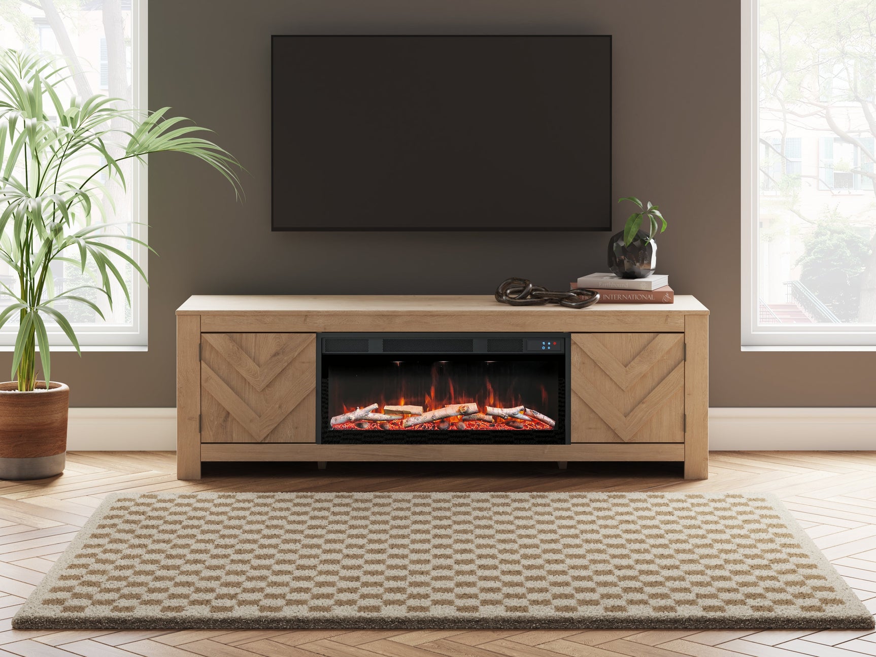 Cayboni Tan 71" TV Stand with Electric Fireplace (Online Special Price) - Ornate Home