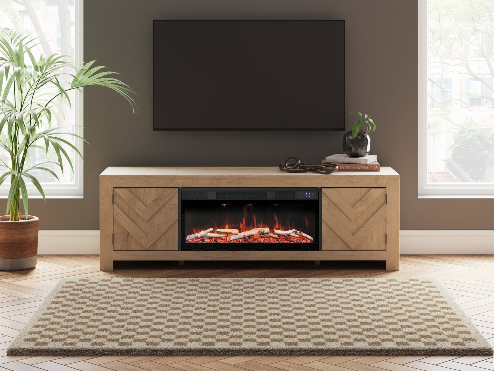 Cayboni Tan 71" TV Stand with Electric Fireplace - Ornate Home