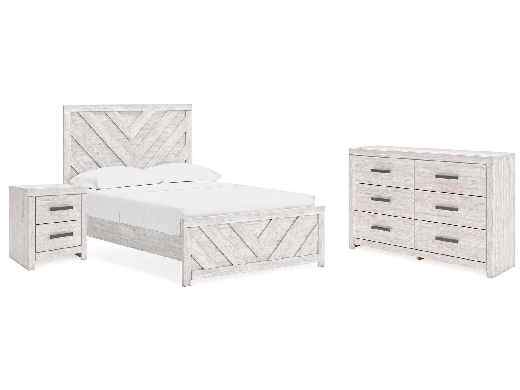 Cayboni Whitewash Full Panel Bed, Dresser and Nightstand - Ornate Home