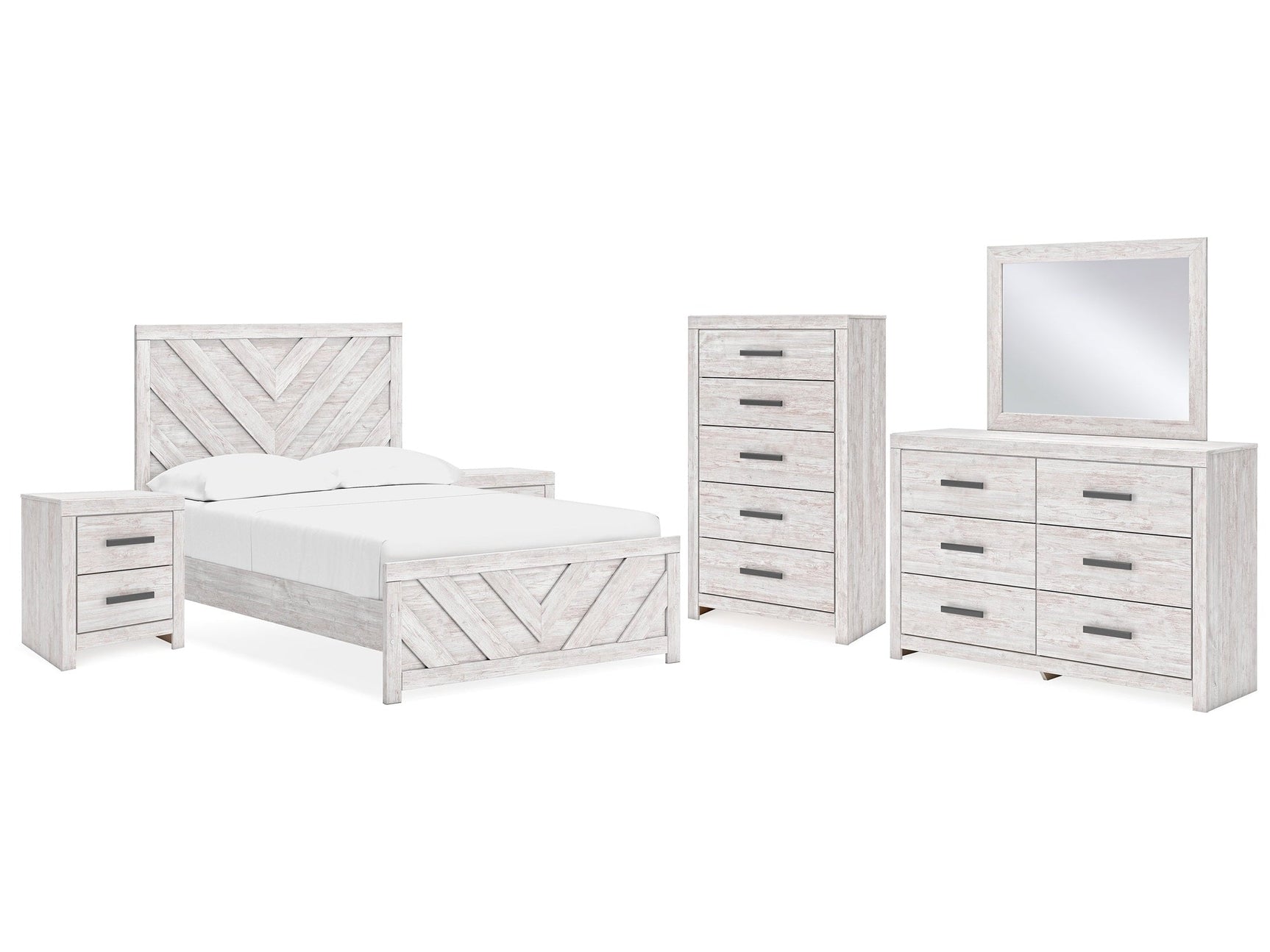 Cayboni Whitewash Full Panel Bedroom Set with Dresser, Mirror, Chest and 2 Nightstands (Online Special Price) - Ornate Home