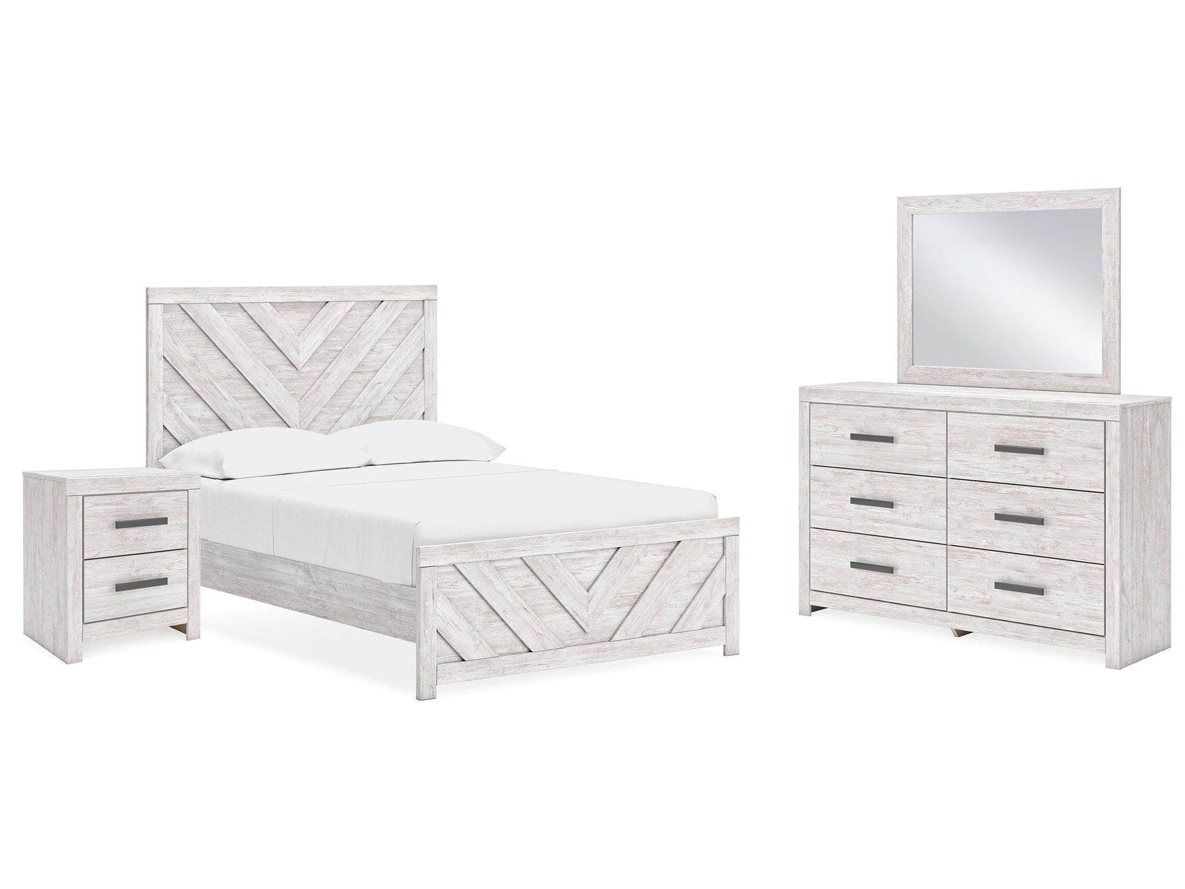 Cayboni Whitewash Full Panel Bedroom Set with Dresser, Mirror and Nightstand - Ornate Home