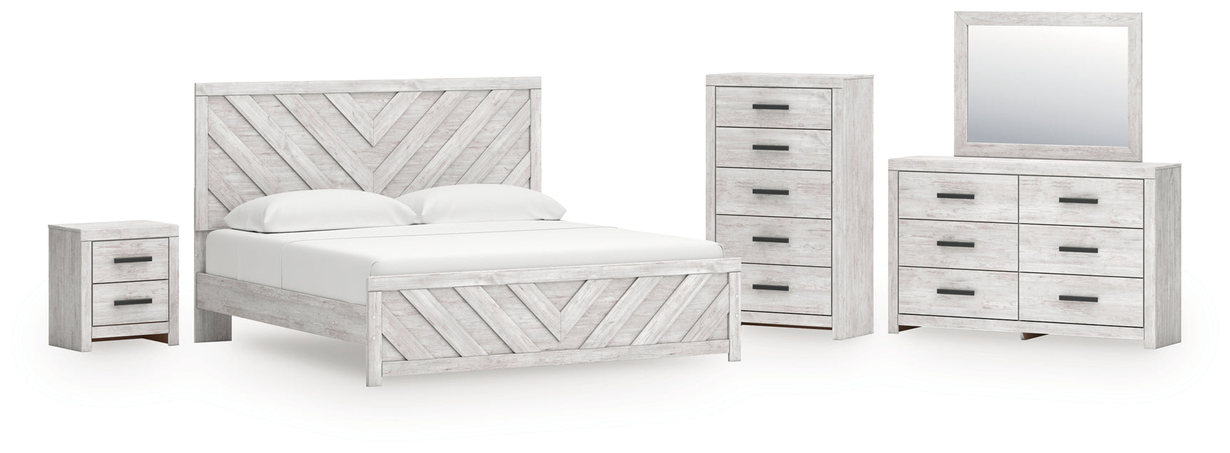 Cayboni Whitewash King Panel Bed, Dresser, Mirror, Chest and Nightstand - Ornate Home