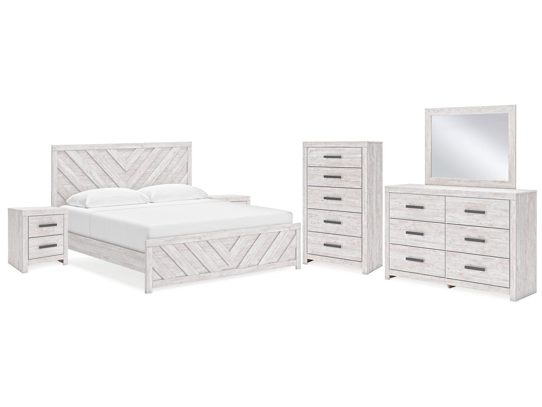 Cayboni Whitewash King Panel Bedroom Set with Dresser, Mirror, Chest and 2 Nightstands (Online Special Price) - Ornate Home