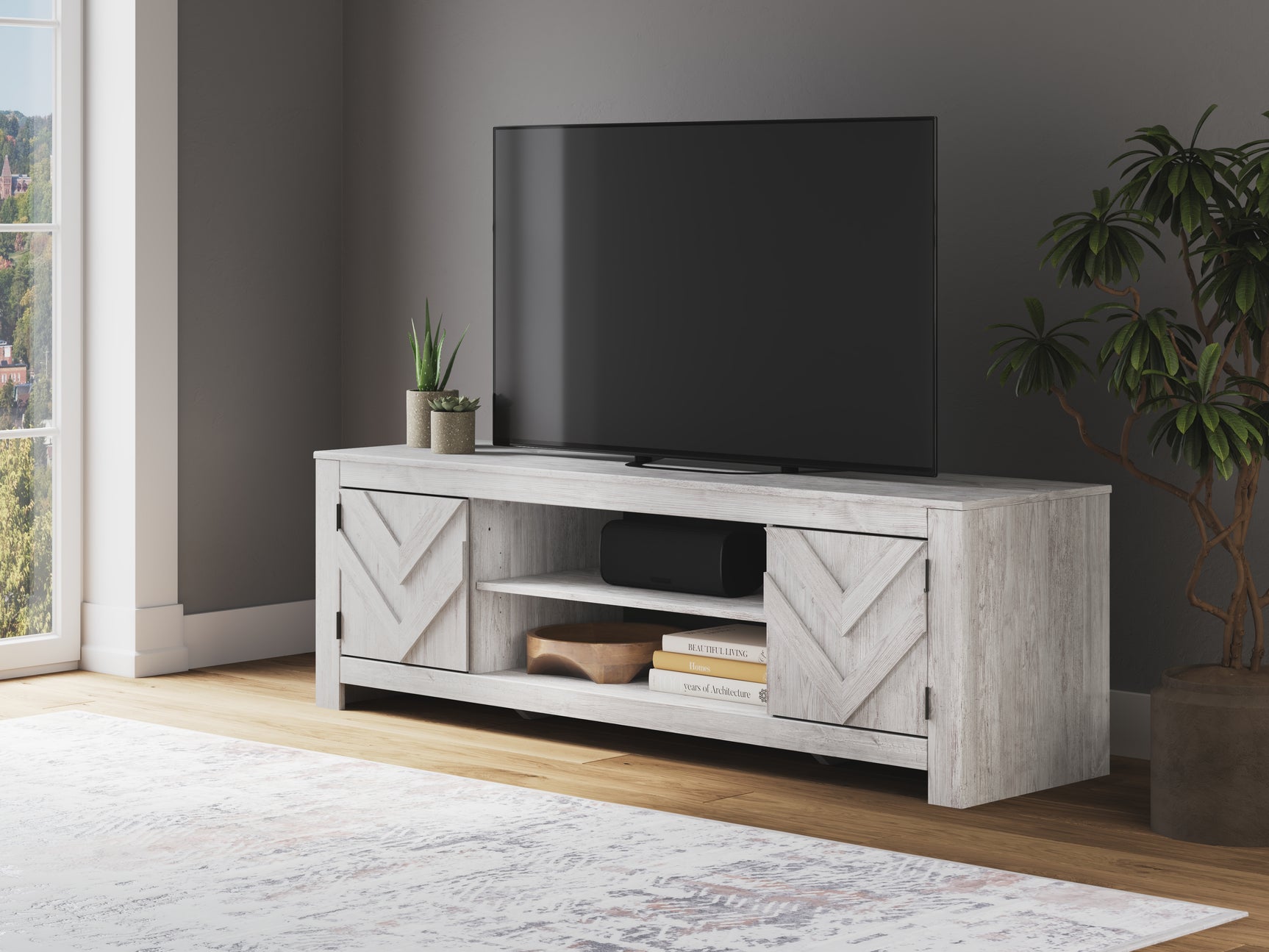 Cayboni Whitewash LG TV Stand w/Fireplace Option - Ornate Home