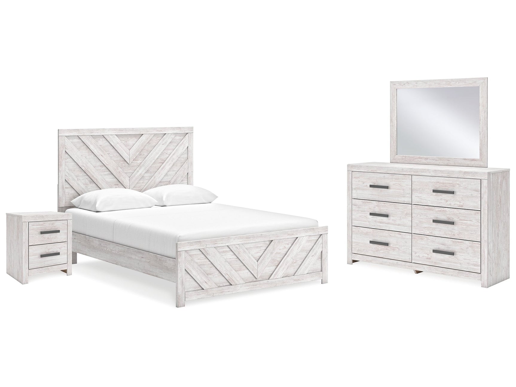 Cayboni Whitewash Queen Panel Bed & Dresser & Mirror & Nightstand - Ornate Home