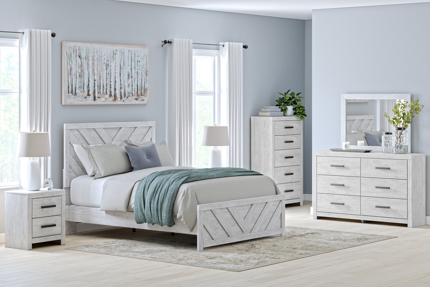 Cayboni Whitewash Twin Panel Bedroom Set with Dresser, Mirror, Chest and Nightstand (Online Special Price) - Ornate Home