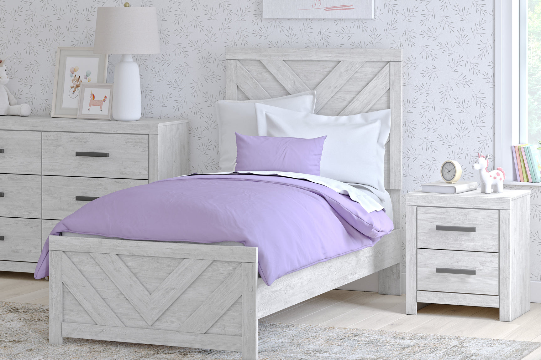Cayboni Whitewash Twin Panel Bedroom Set with Dresser and Nightstand (Online Special Price) - Ornate Home