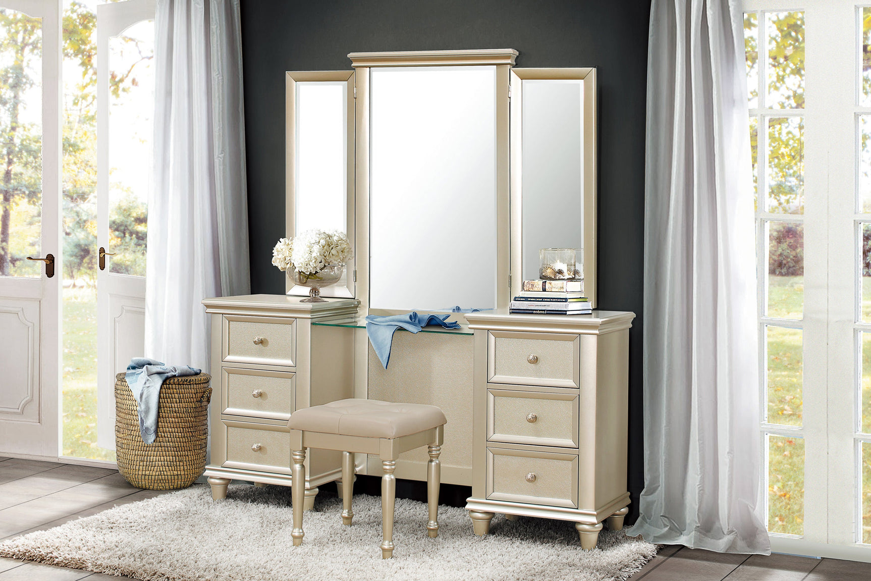 Celandine Silver Vanity Stool - Ornate Home