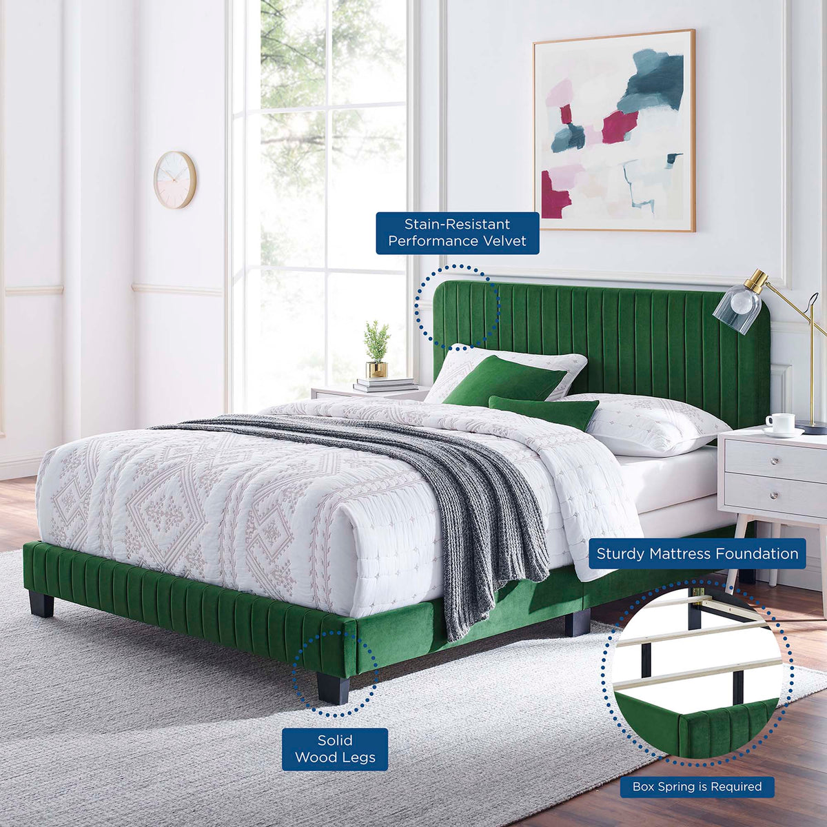 Celine Emerald Channel Tufted Performance Velvet Queen Bed - Ornate Home