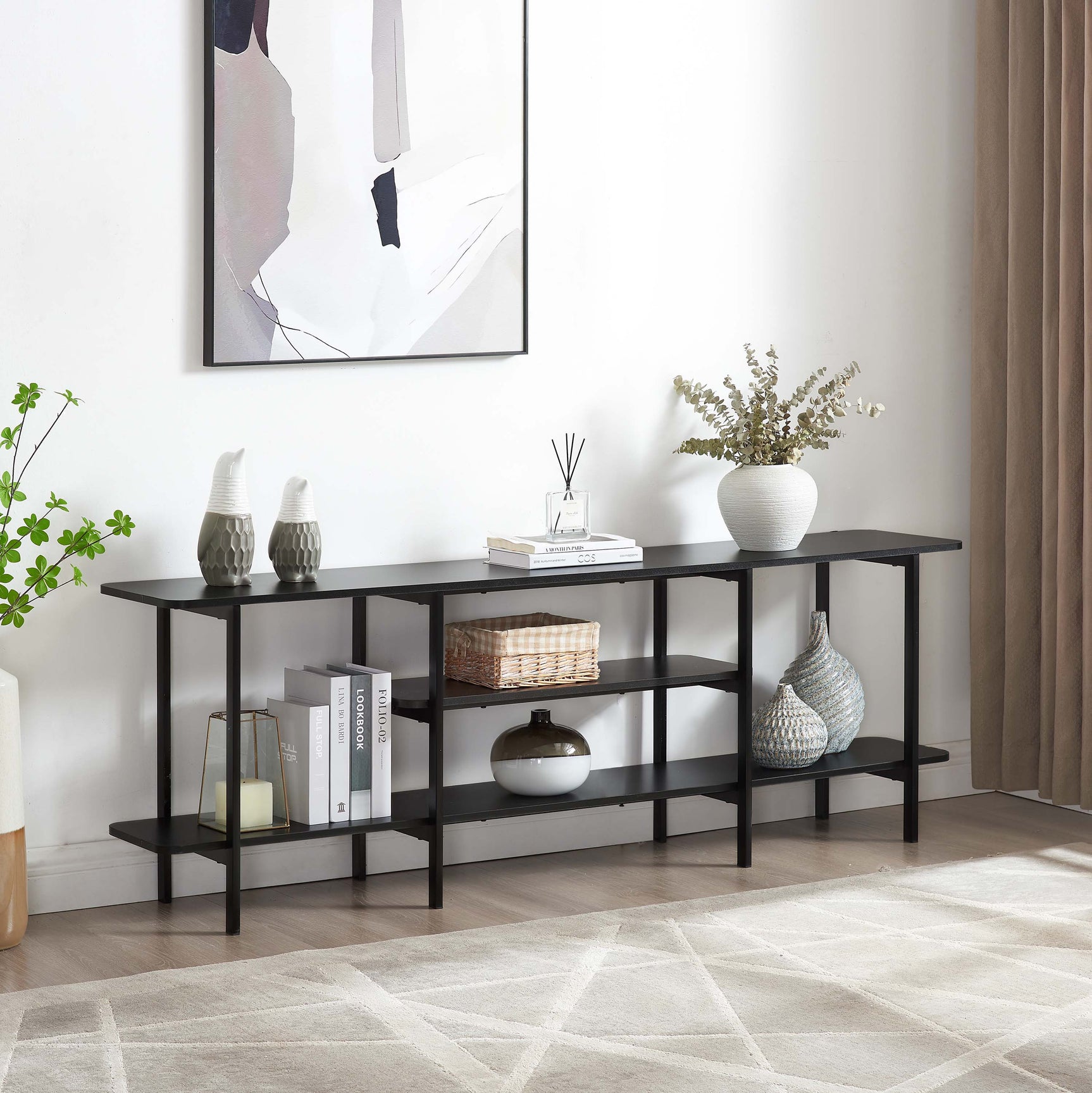 Celine Side 3 Tier Shelf Table Console in Black - Ornate Home