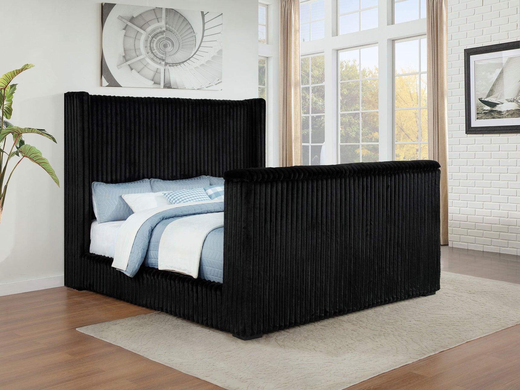 Centergrove Black Upholstered California King Wingback TV Bed - Ornate Home