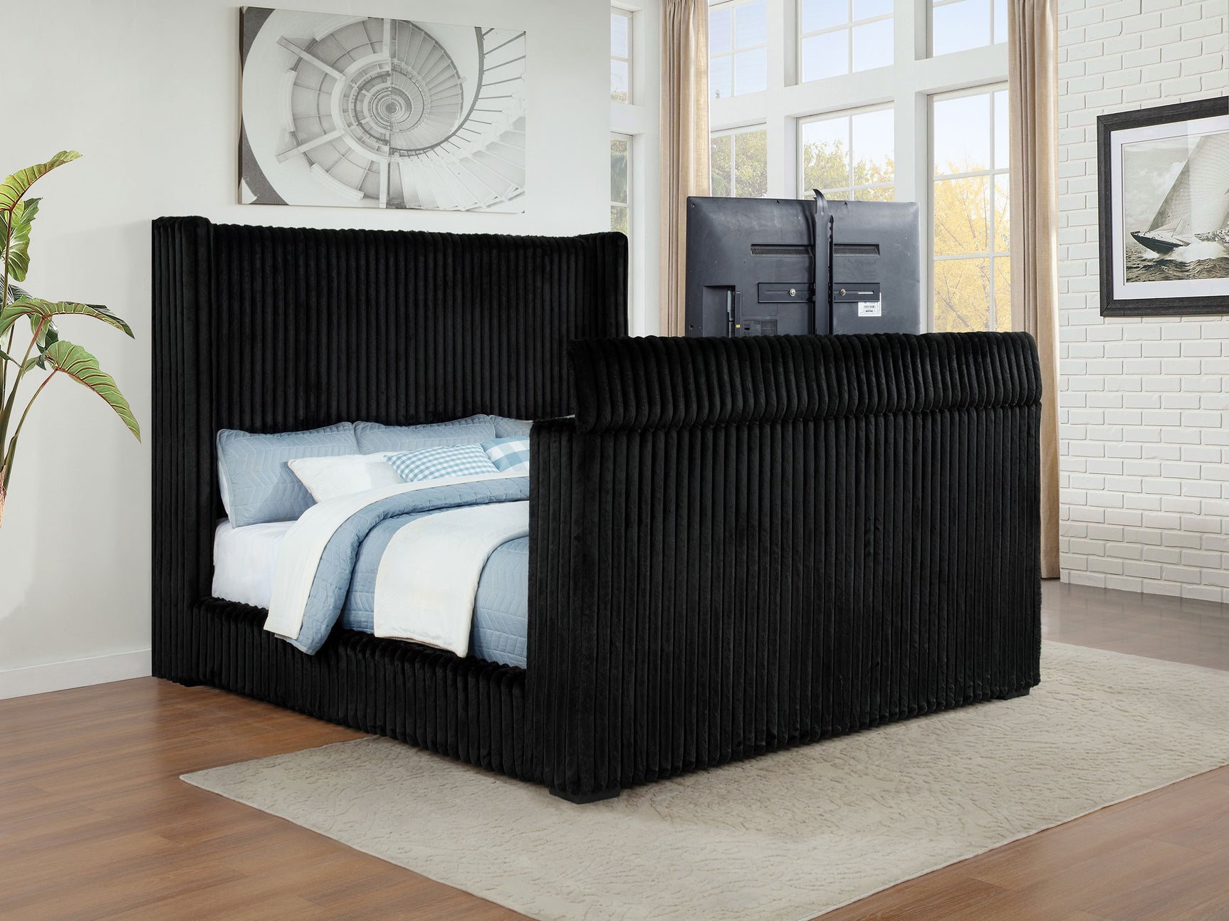 Centergrove Black Upholstered California King Wingback TV Bed - Ornate Home