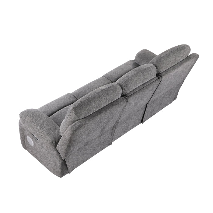 Centric Gray Power Double Reclining Sofa With Center Drop-down Cup Holders Power Headrests Power Lumbar Support Wireless Charger Bluetooth Speakers Hidden Drawer And Charging Ports - Ornate Home