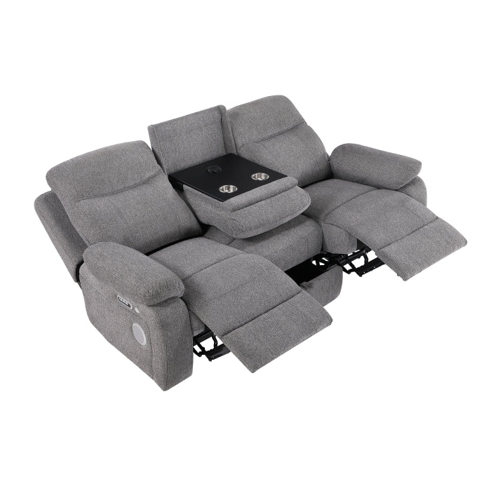 Centric Gray Power Double Reclining Sofa With Center Drop-down Cup Holders Power Headrests Power Lumbar Support Wireless Charger Bluetooth Speakers Hidden Drawer And Charging Ports - Ornate Home