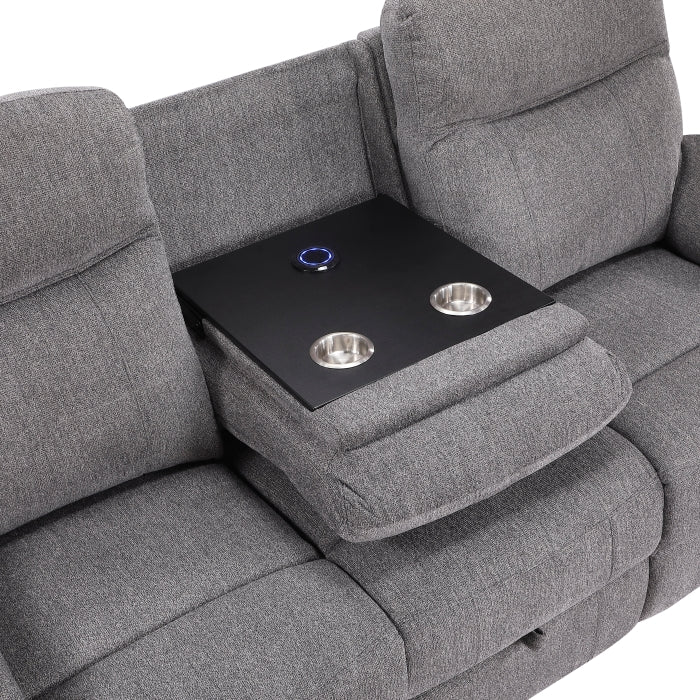 Centric Gray Power Double Reclining Sofa With Center Drop-down Cup Holders Power Headrests Power Lumbar Support Wireless Charger Bluetooth Speakers Hidden Drawer And Charging Ports - Ornate Home