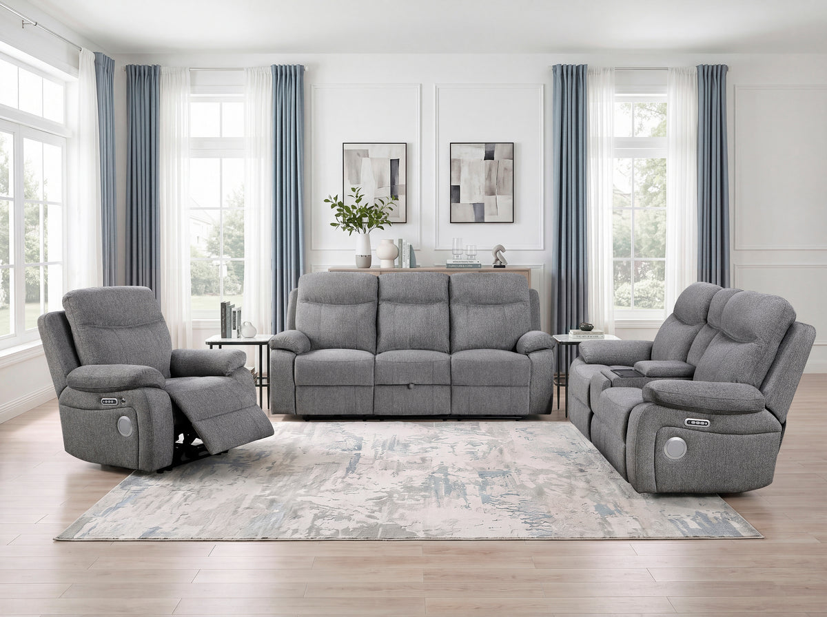 Centric Gray Power Double Reclining Sofa With Center Drop-down Cup Holders Power Headrests Power Lumbar Support Wireless Charger Bluetooth Speakers Hidden Drawer And Charging Ports - Ornate Home