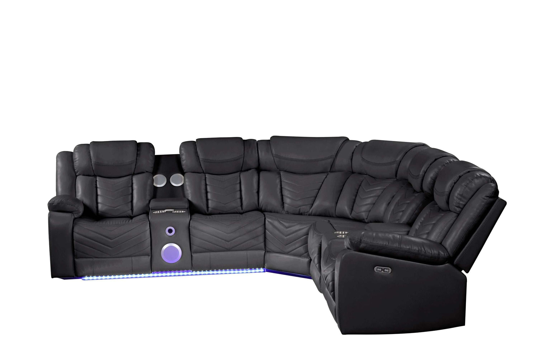 Challenger Black Faux Leather Reclining Sectional Sofa w/Built in USB-C Ports & Bluetooth - Ornate Home