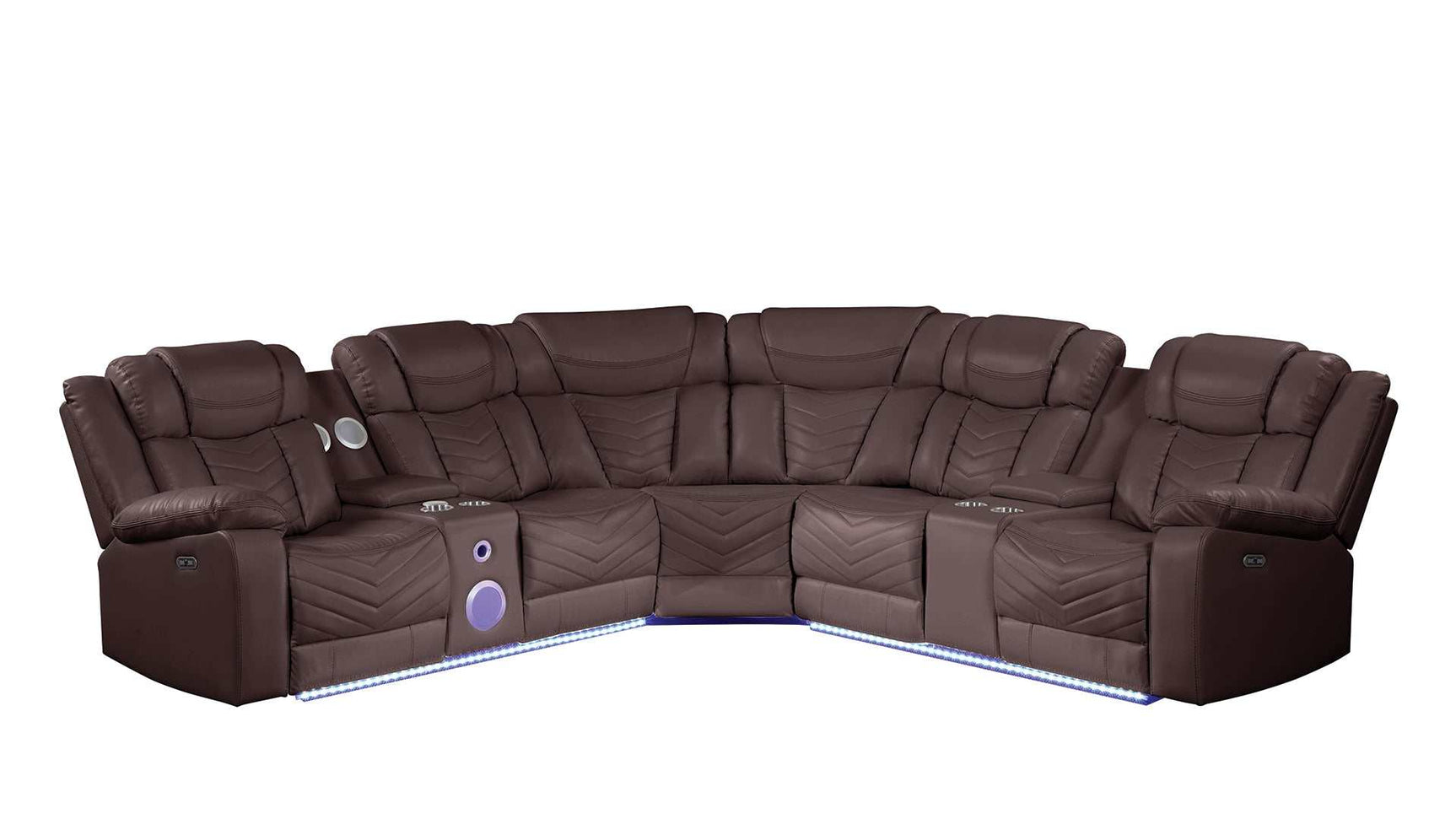 Challenger Brown Faux Leather Reclining Sectional Sofa w/Built in USB-C Ports & Bluetooth - Ornate Home