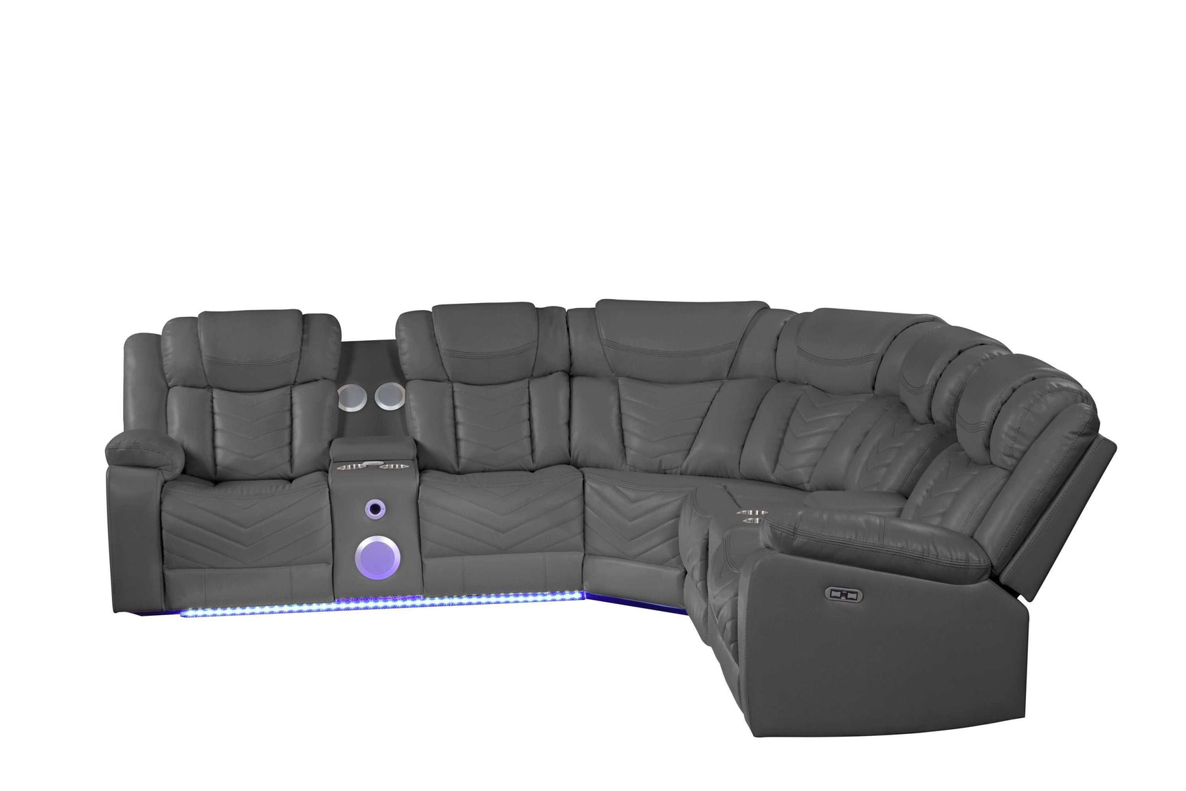 Challenger Gray Faux Leather Reclining Sectional Sofa w/Built in USB-C Ports & Bluetooth - Ornate Home