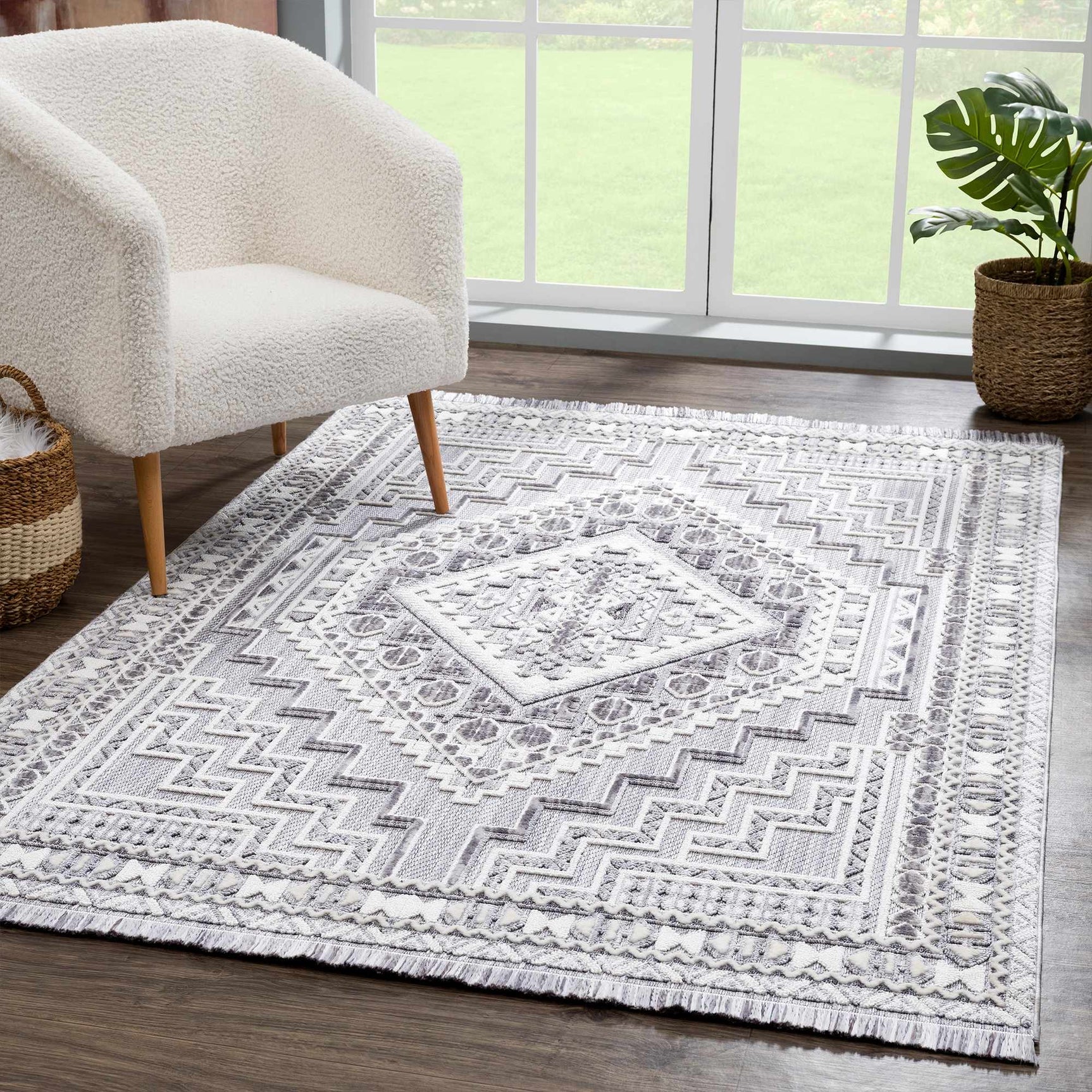 Charcoal Alya Textured Medallion Fringe Area Rug - Clearance - Ornate Home