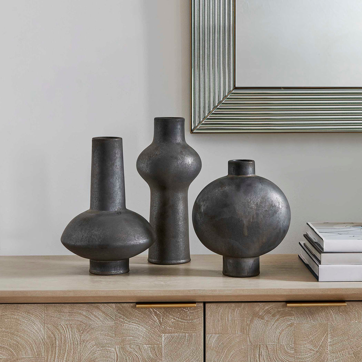 Charcoal Bloom Black/Gray Indoor-Outdoor Vases (Set of 3) - Ornate Home