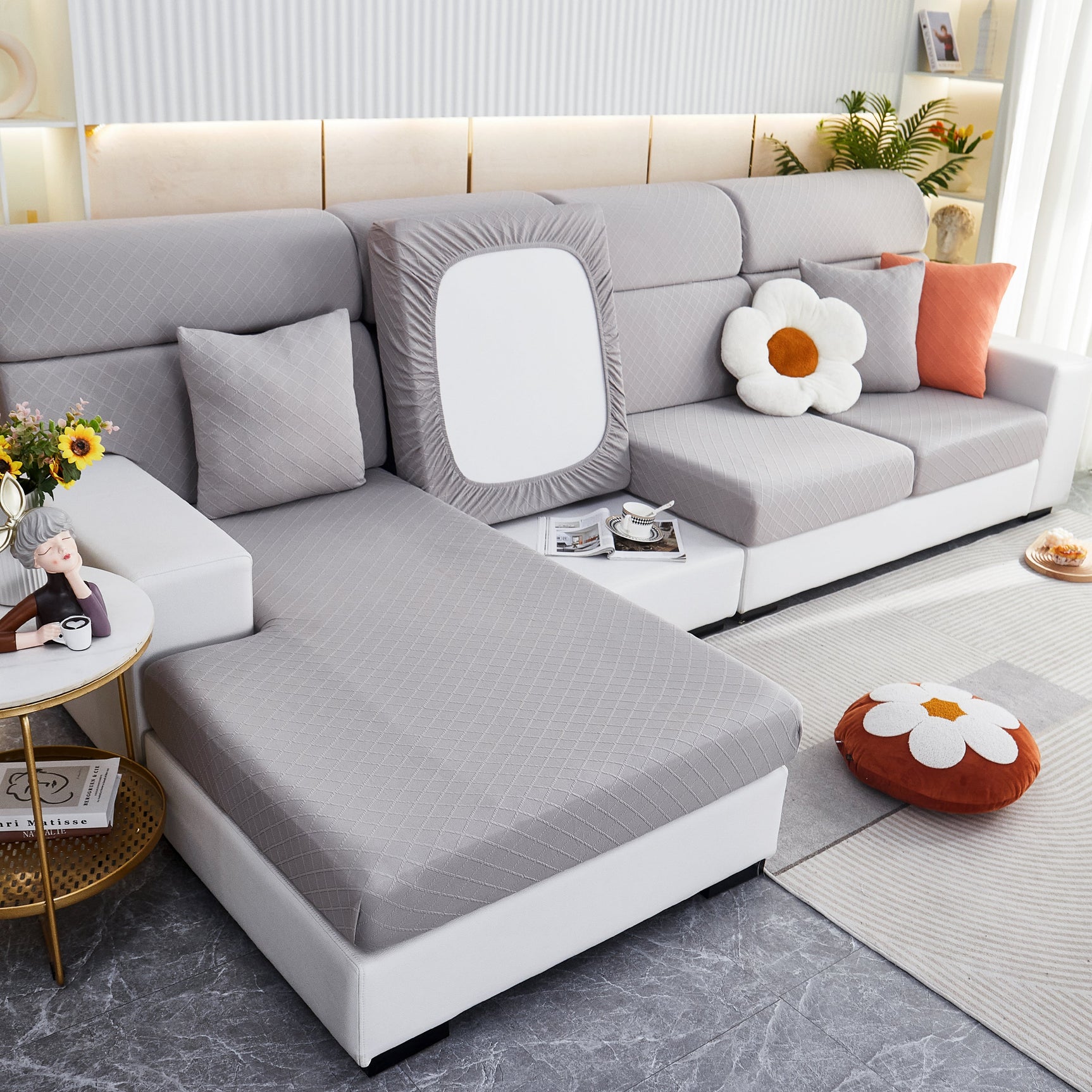 Checkered Jacquard Polar Fleece Stretch Sofa Cover, Non Slip Furniture Protector, Couch Seat Cushion Covers - Ornate Home