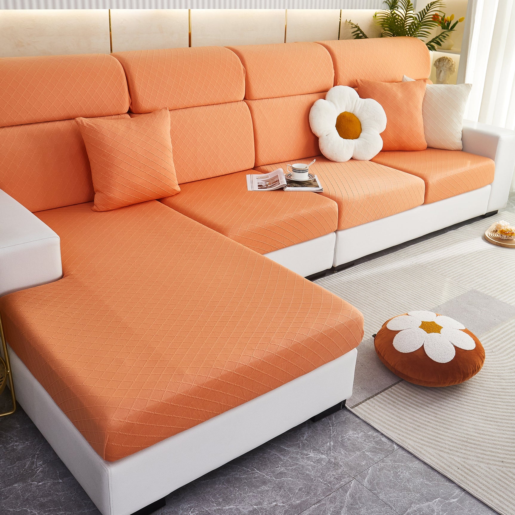 Checkered Jacquard Polar Fleece Stretch Sofa Cover, Non Slip Furniture Protector, Couch Seat Cushion Covers - Ornate Home
