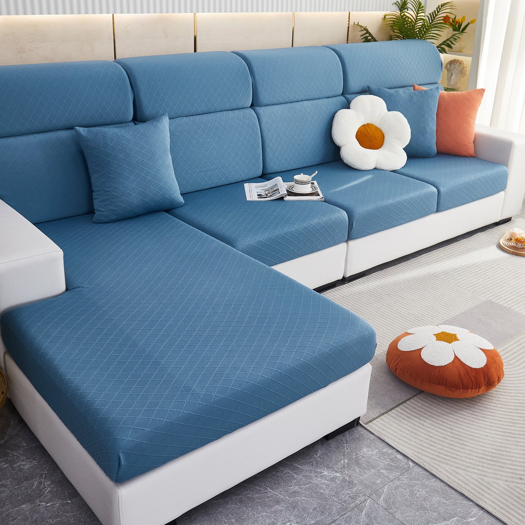 Checkered Jacquard Polar Fleece Stretch Sofa Cover, Non Slip Furniture Protector, Couch Seat Cushion Covers - Ornate Home