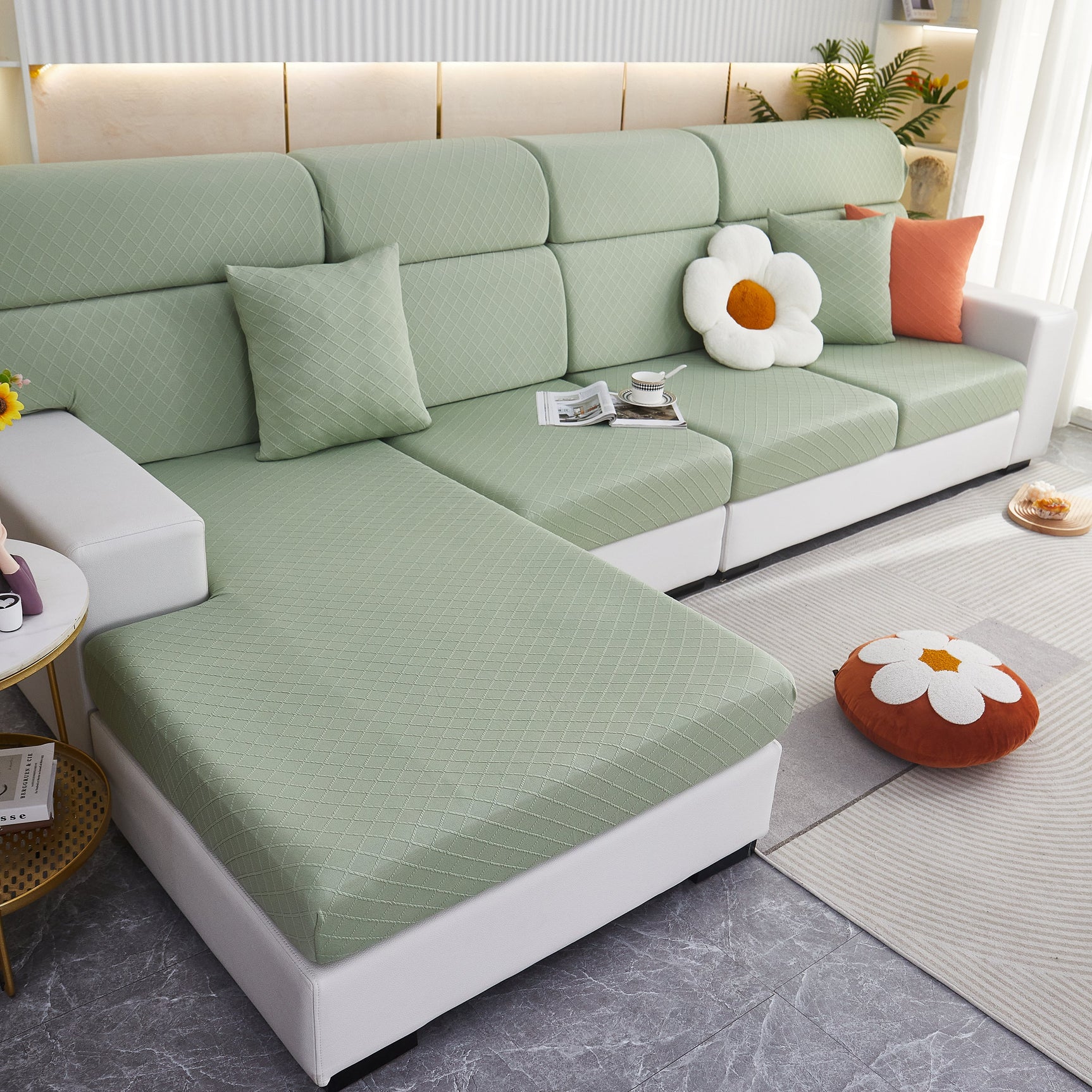 Checkered Jacquard Polar Fleece Stretch Sofa Cover, Non Slip Furniture Protector, Couch Seat Cushion Covers - Ornate Home