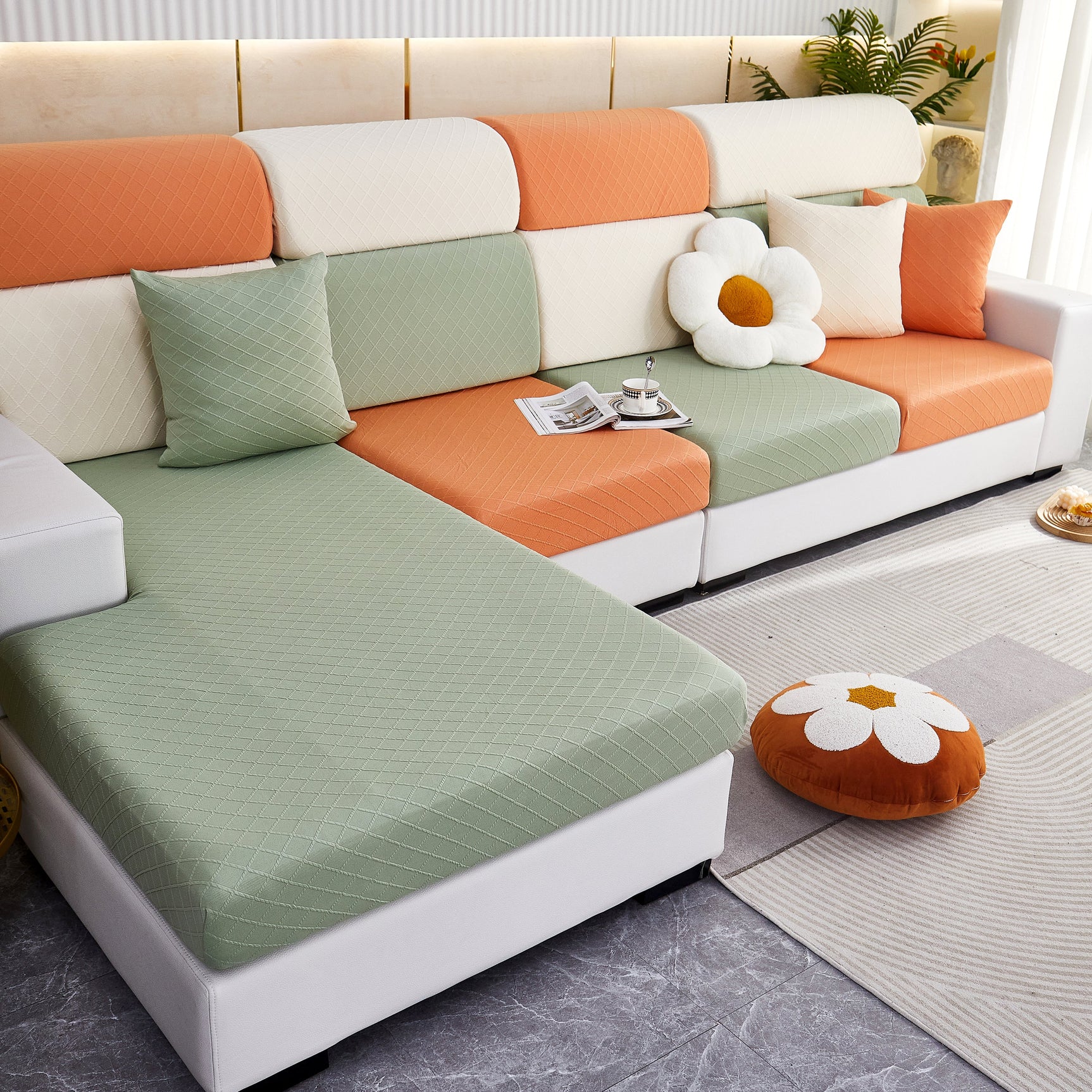 Checkered Jacquard Polar Fleece Stretch Sofa Cover, Non Slip Furniture Protector, Couch Seat Cushion Covers - Ornate Home