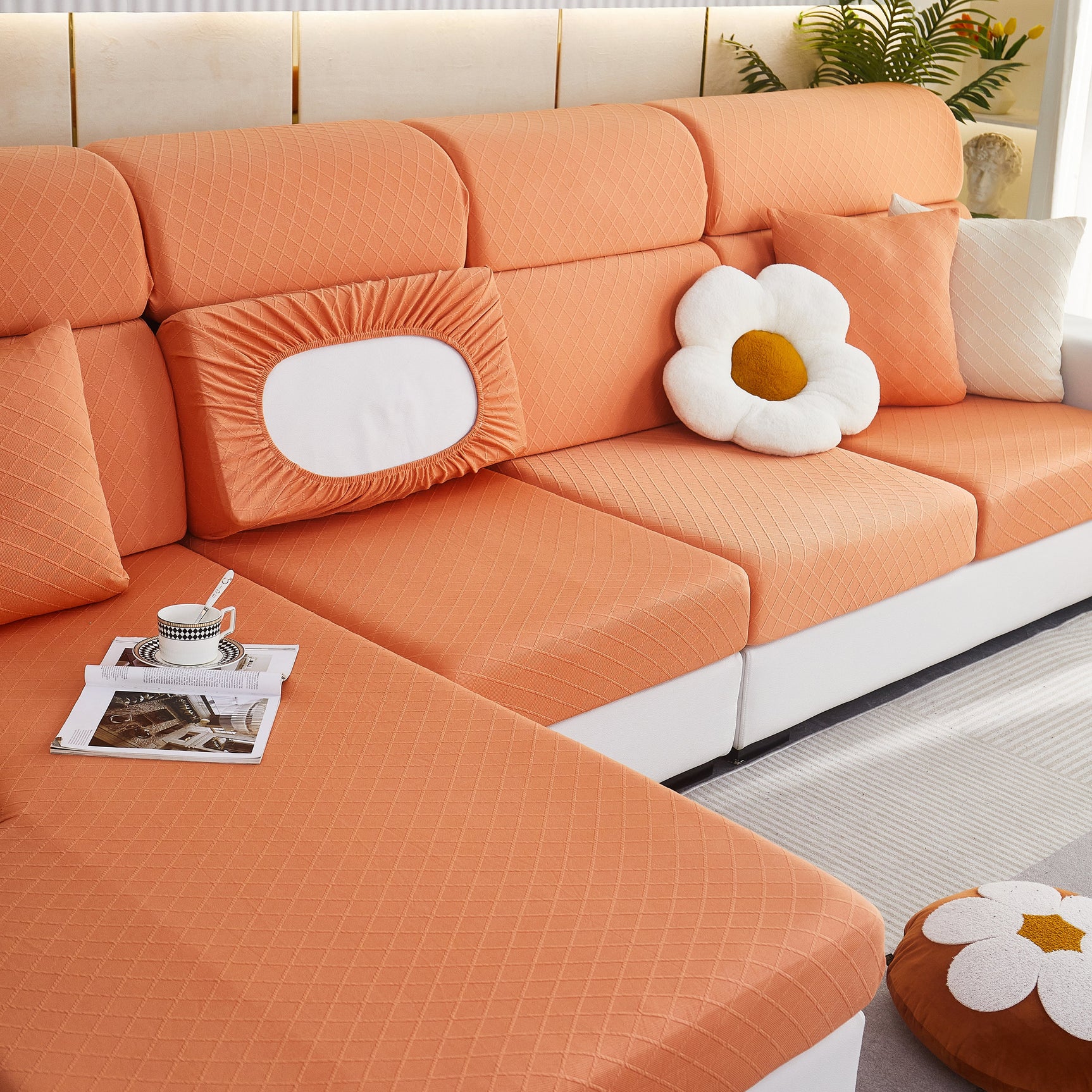 Checkered Jacquard Polar Fleece Stretch Sofa Cover, Non Slip Furniture Protector, Couch Seat Cushion Covers - Ornate Home