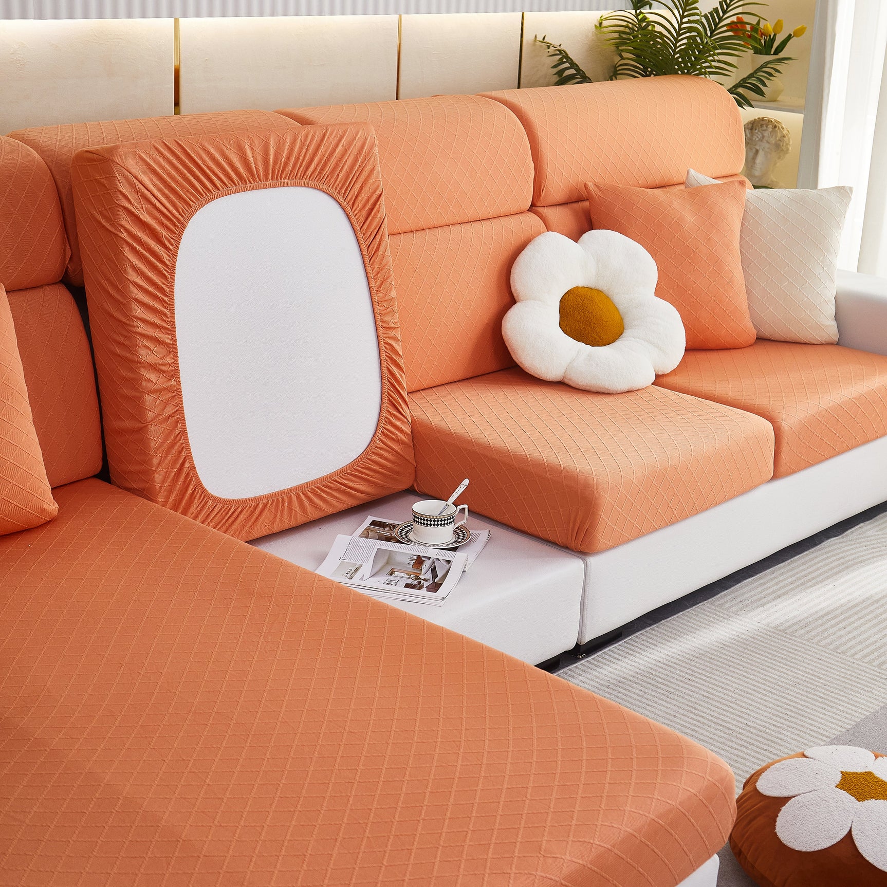 Checkered Jacquard Polar Fleece Stretch Sofa Cover, Non Slip Furniture Protector, Couch Seat Cushion Covers - Ornate Home