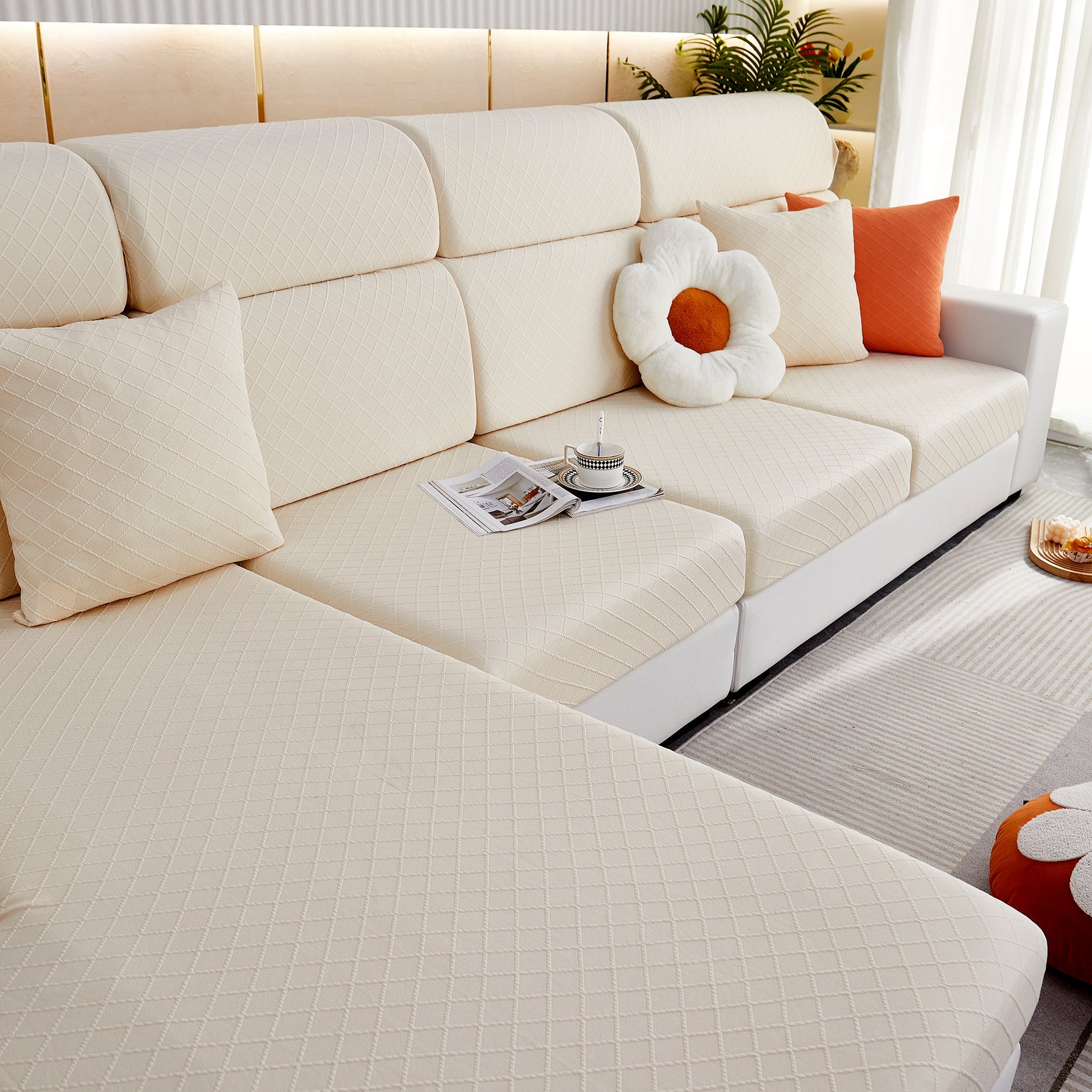 Checkered Jacquard Polar Fleece Stretch Sofa Cover, Non Slip Furniture Protector, Couch Seat Cushion Covers - Ornate Home