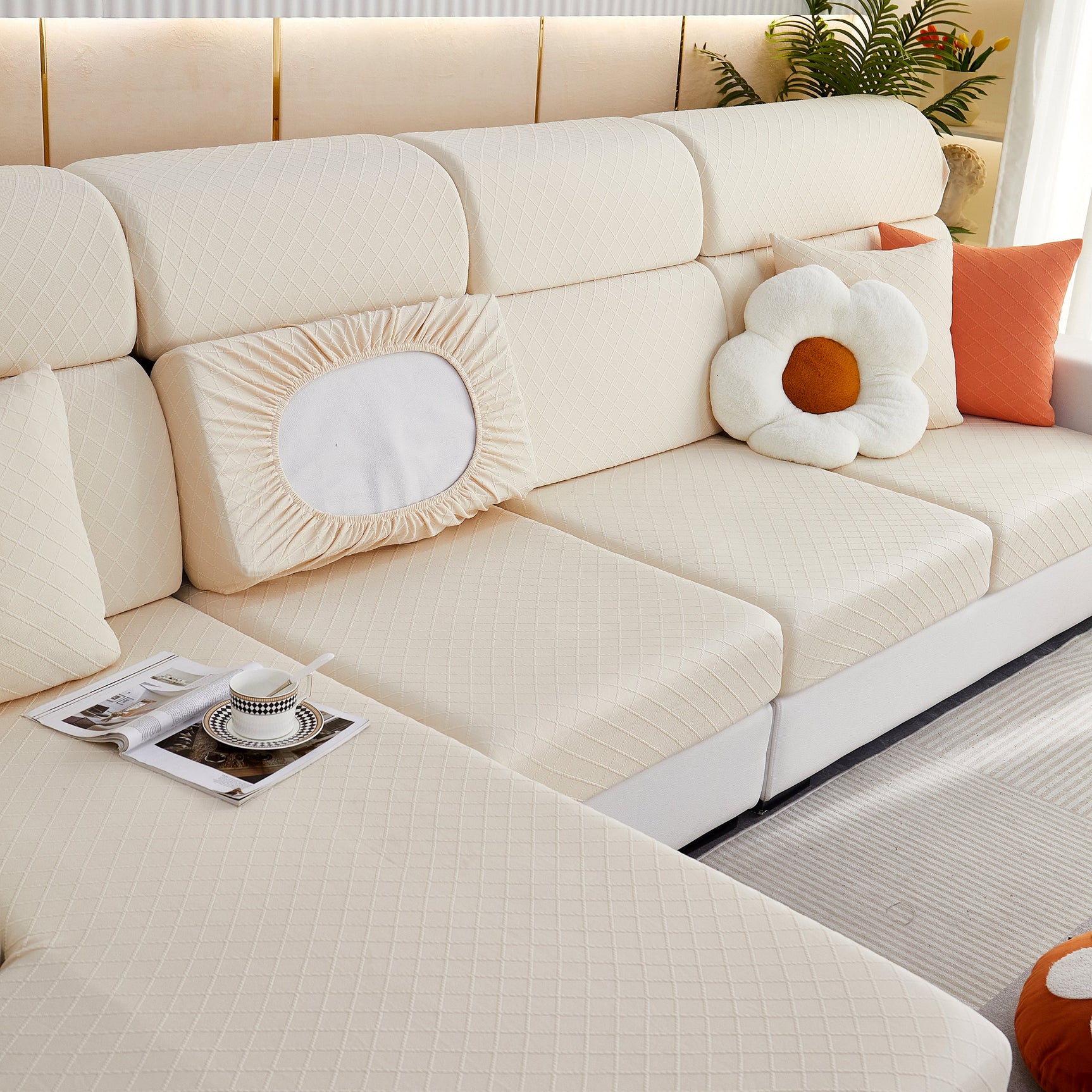 Checkered Jacquard Polar Fleece Stretch Sofa Cover, Non Slip Furniture Protector, Couch Seat Cushion Covers - Ornate Home